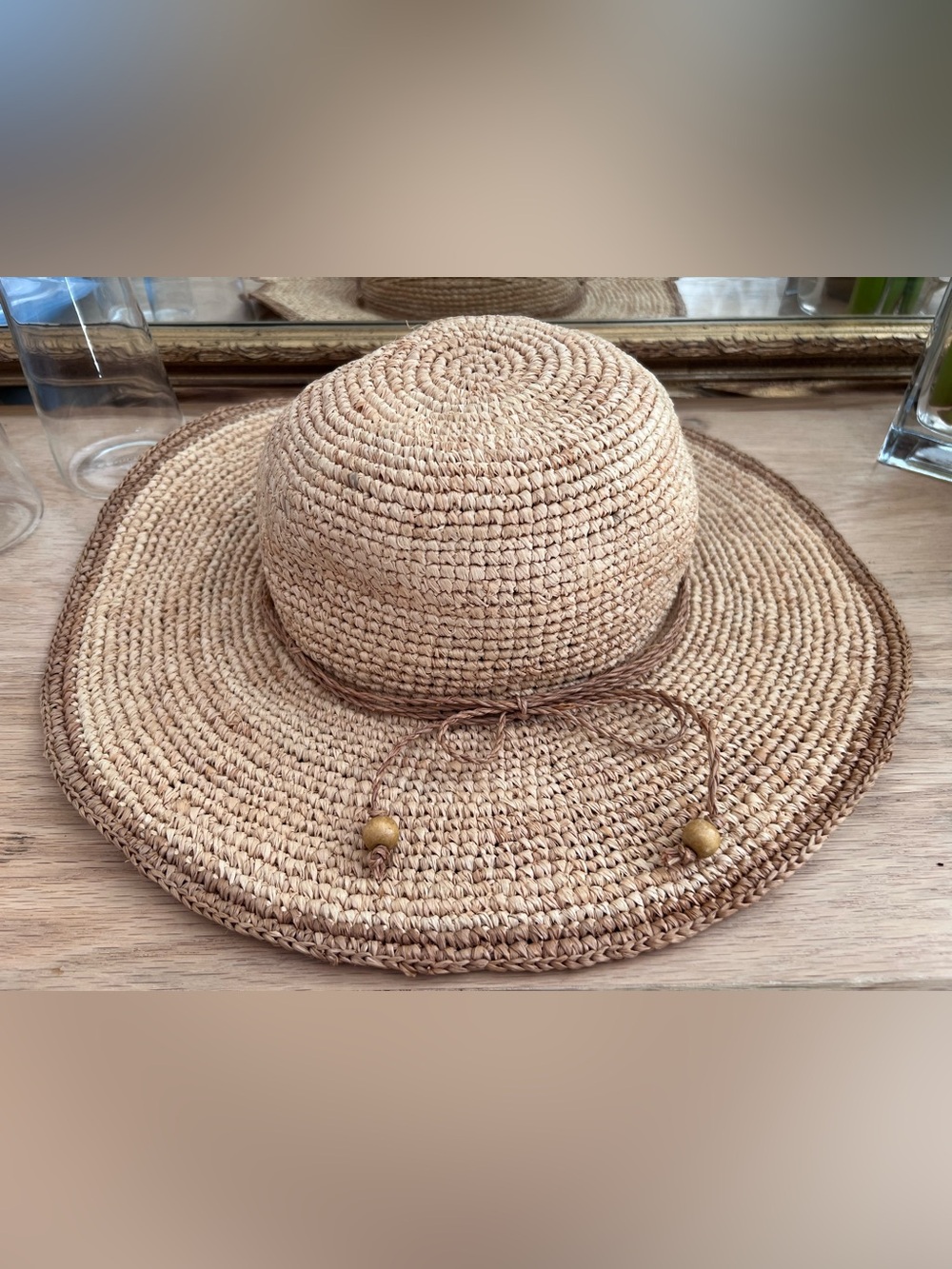 Capelli of New York Braided Straw Sun Hat - Natural Beige with Brown Trim